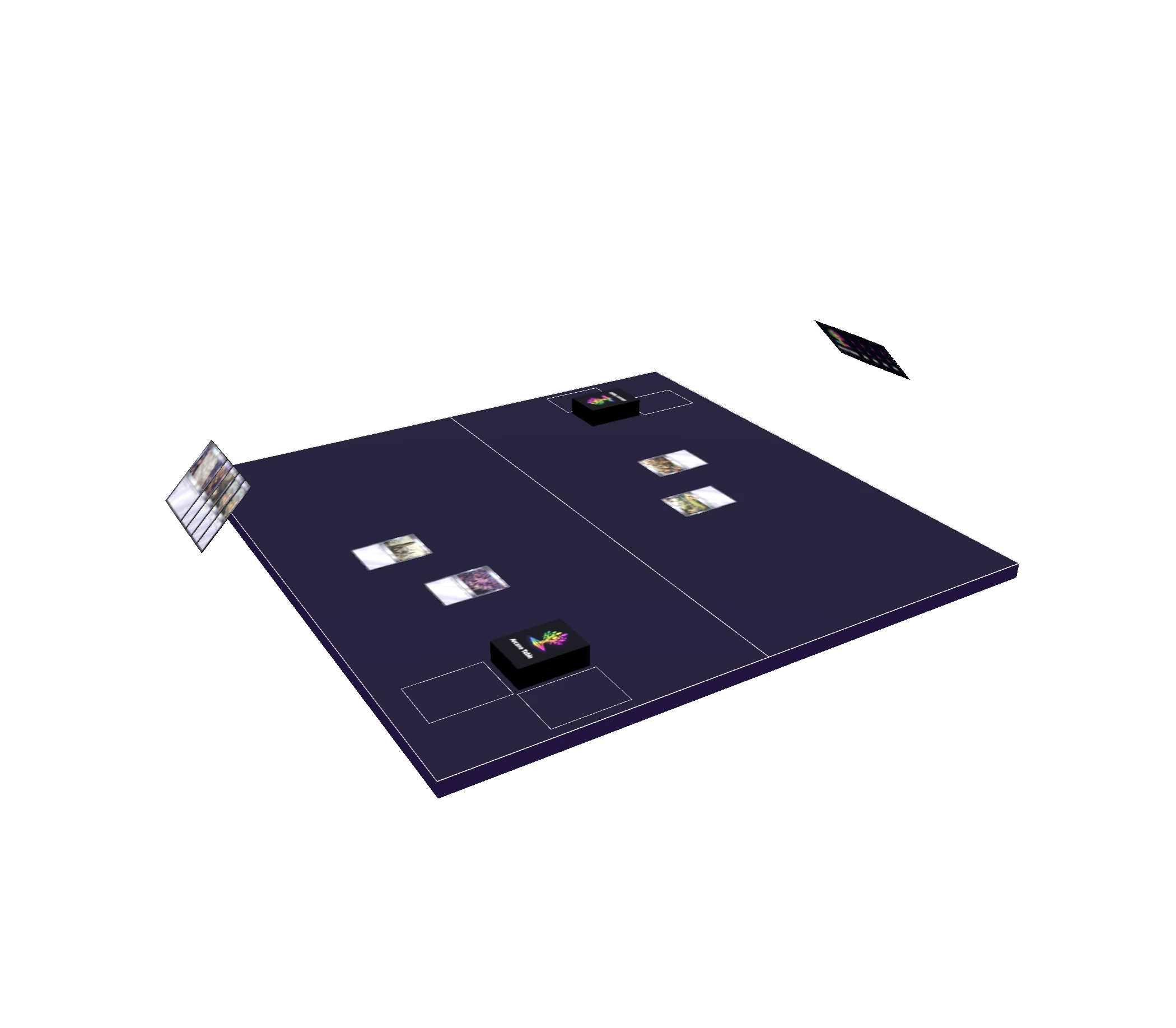 An angled 3D view of a digital tabletop card game set against a black background. A rectangular dark-purple game board is divided into two player areas with outlined card zones and deck piles at opposite ends. Several cards are placed on the board, while one player’s hand of cards floats along the left edge. A small floating interface panel appears in the upper-right area of the scene