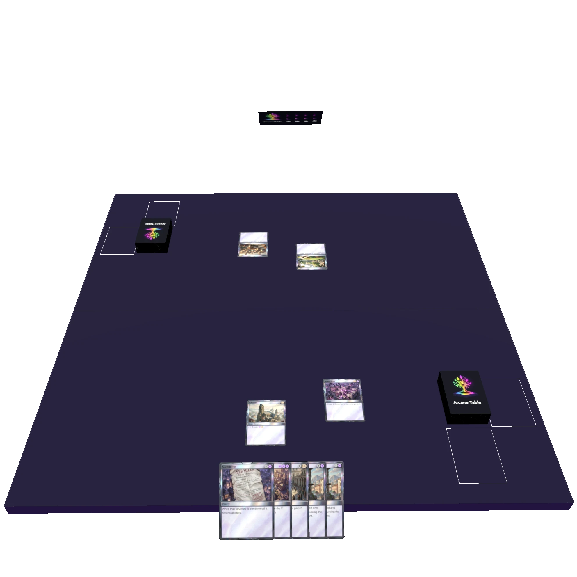 A digital tabletop card game interface shown from an angled top-down perspective. A large dark-purple game board fills the scene against a black background. Two players’ card decks sit on opposite sides of the table with outlined zones nearby. Several cards are placed on the battlefield, and one player’s hand of cards is visible along the bottom edge of the screen. A small floating game interface panel appears in the distance above the table.